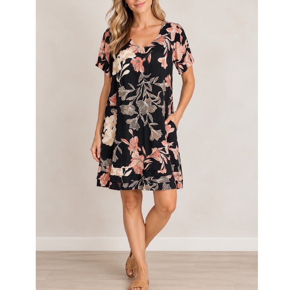 Original Nicole Miller Floral V-Neck Linen Blend Shift Dress Black Pink Large